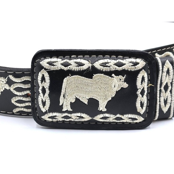Mens Talabartería Black Leather Belt Bull Embroidery Western Mexican Size 40